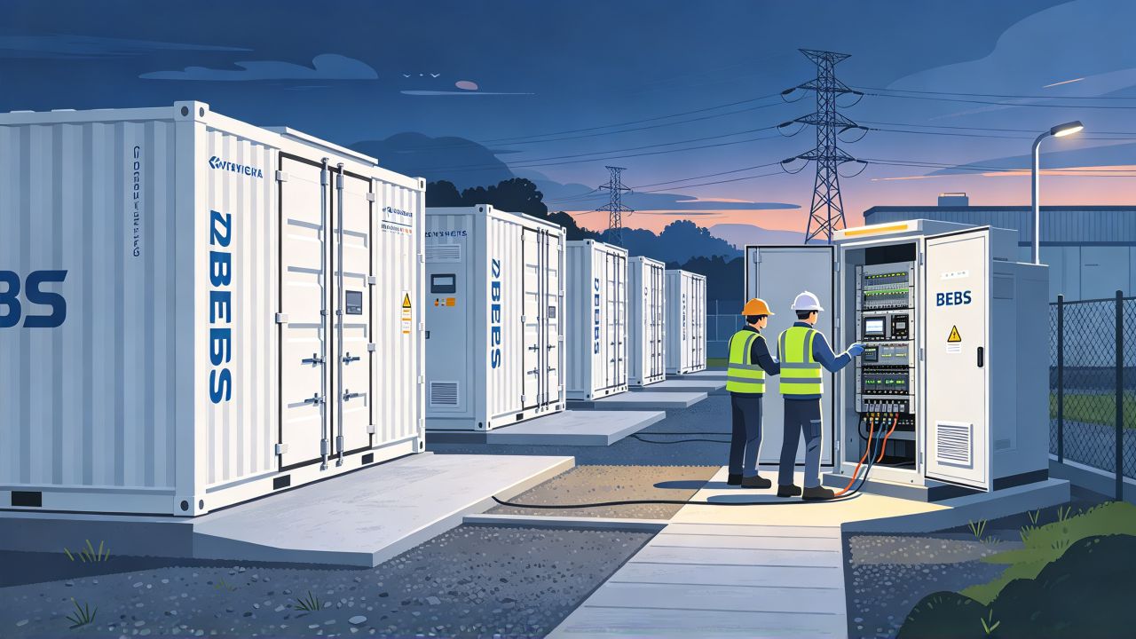 Rows of containerised battery storage units with two field engineers working at an open control panel at dusk.