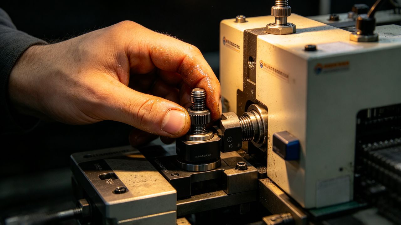 Hand adjusting a fixture screw during setup